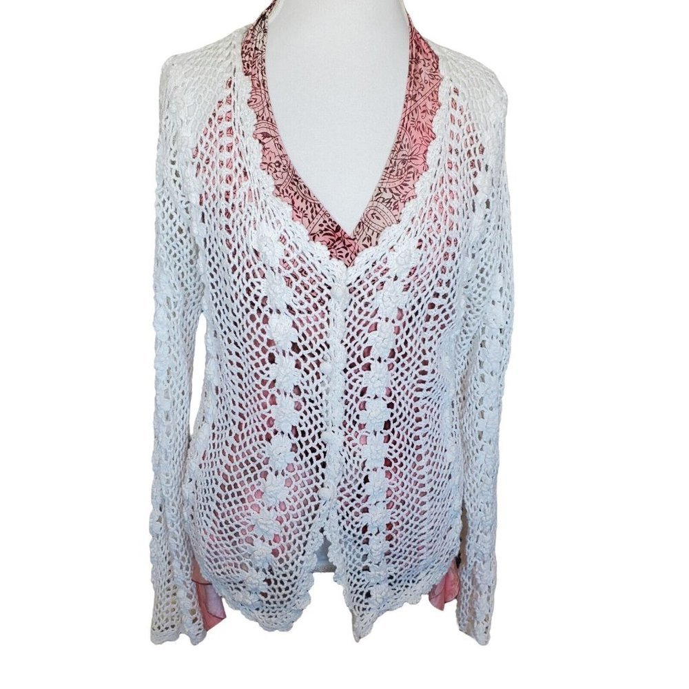 Womens M/L White Cotton 3d Flower Crochet Open Knit Cardigan